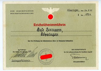 Hitlerjugend Untergau 437 Hohenstaufen, Reichsschwimmschein ausgestellt 1941