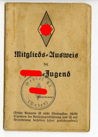 Mitglieds Ausweis der Hitler Jugend  eines Angehörigen des Gebiet 21 ( Baden )