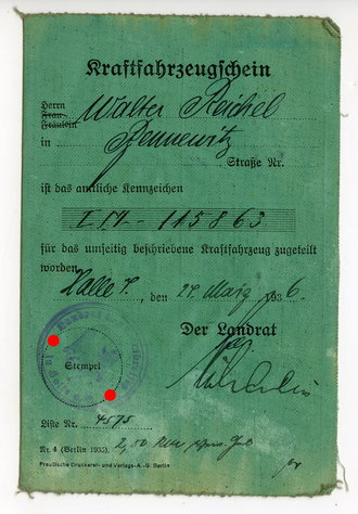 Kraftfahrzeugschein datiert 1936