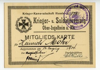 Mitglieds Karte des Krieger- und Soldatenverein Ober-Ingelheim am Rhein von 1934