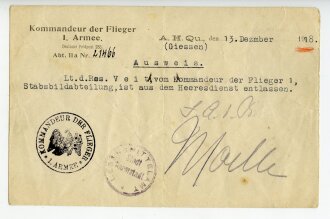 Kommandeur der Flieger 1. Armee, Ausweis für einen aus dem Heeresdienst entlassenen, datiert 13.Dezember 1918