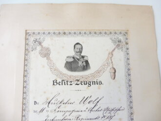 Besitz Zeugnis für das Schützen Abzeichen der II.Klasse für einen Angehörigen im I.R. 137 datiert Hagenau 1905. Maße 28,5 x 40,5cm