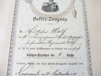 Besitz Zeugnis für das Schützen Abzeichen der II.Klasse für einen Angehörigen im I.R. 137 datiert Hagenau 1905. Maße 28,5 x 40,5cm