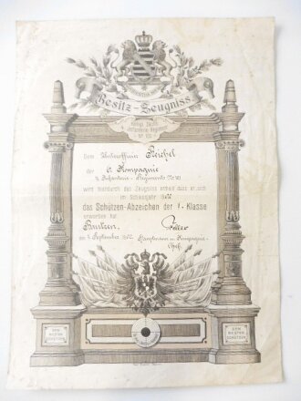 Besitz Zeugnis für das Schützen Abzeichen der I.Klasse für einen Angehörigen im I.R. 103 datiert Bautzen 1902, Maße 27 x 37cm