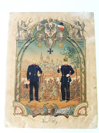 Patriotisches Schmuckblatt wohl Vater und Sohn die in den Kriegen 1813-15, 1864-66 und 1870-71 aktiv waren. 33 x43cm