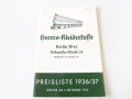 "Heeres Kleiderkasse, Preisliste 1936/37" mit 43 Seiten, alter Nachdruck