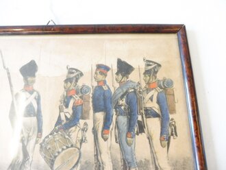 1tes Infanterie Regiment, Uniformkundliche Darstellung, alt gerahmt, Maße 15,5 x 24cm