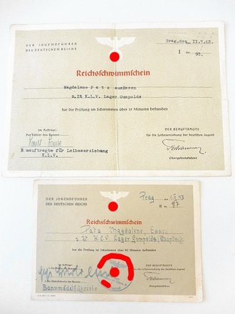 HJ Befehlsstelle Böhmen und Mähren, 2 Reichsschwimmscheine für eine Angehörige im Kinderlandverschickungslager Gumpolds, beide Ausgestellt in Prag 1943