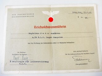 HJ Befehlsstelle Böhmen und Mähren, 2 Reichsschwimmscheine für eine Angehörige im Kinderlandverschickungslager Gumpolds, beide Ausgestellt in Prag 1943