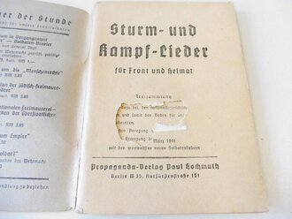 Liederbuch "Sturm- und Kampflieder für Front und Heimat" Kleinformatig, 1941, komplett. Eigentumsvermerk auf