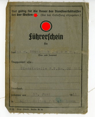 SS Führerschein, ausgestellt 1941, gebraucht