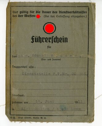 SS Führerschein, ausgestellt 1941, gebraucht