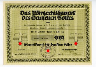 Prinzessin Luise Alfons von Bayern, Spendenbescheinigung über 500,- Reichsmark für das Winterhilfswerk Gau München Oberbayern 1938.
