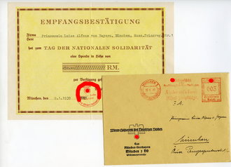 Prinzessin Luise Alfons von Bayern, Spendenbescheinigung über 50,- Reichsmark für das Winterhilfswerk Gau München Oberbayern 1939. Dazu der Umschlag