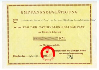 Prinzessin Luise Alfons von Bayern, Spendenbescheinigung über 50,- Reichsmark für das Winterhilfswerk Gau München Oberbayern 1939. Dazu der Umschlag