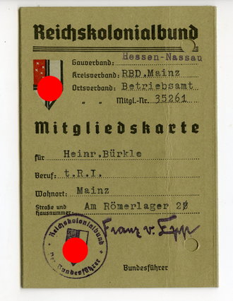Reichskolonialbund Mitgliedskarte Gau Hessen Nassau...