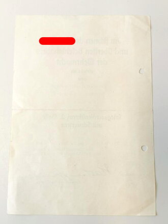 Verleihungsurkunde zum Kriegsverdienstkreuz 2.Klasse mit Schwertern , ausgestellt im Dezember 1944. Eigenhändige Unterschrift des Eichenlaubträgers Martin Harlinghausen als Kommandierender General im Laugau Wiesbaden