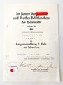 Verleihungsurkunde zum Kriegsverdienstkreuz 2.Klasse mit Schwertern , ausgestellt im Dezember 1944. Eigenhändige Unterschrift des Eichenlaubträgers Martin Harlinghausen als Kommandierender General im Laugau Wiesbaden