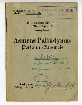 Personal Ausweis Memelgebiet, ausgestellt von der Polizei Verwaltung Memel 1927