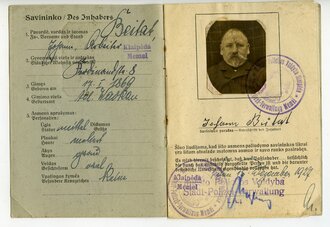 Personal Ausweis Memelgebiet, ausgestellt von der Polizei Verwaltung Memel 1927