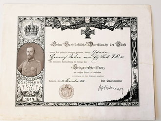 Lippe Detmold, Verleihungsurkunde zum Kriegsverdienstkreuz an weißen Bande datiert 12.11.1918