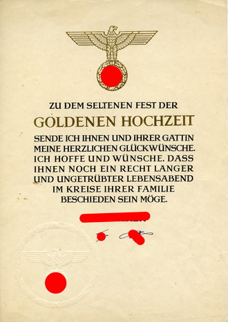 Urkunde "zu den seltenen Fest der Goldenen Hochzeit" DIN A4 mit Blindprägesiegel