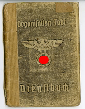 Organisation Todt Dienstbuch eines 1943 in der Normandie eingesetzten Tiefbauarbeiters. Seiten 19-22 fehlen und der Rest löst sich vom Einband