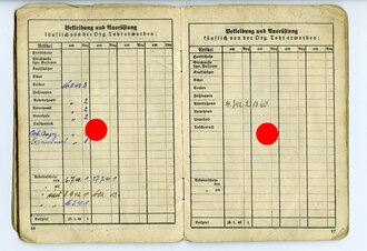 Organisation Todt Dienstbuch eines 1943 in der Normandie eingesetzten Tiefbauarbeiters. Seiten 19-22 fehlen und der Rest löst sich vom Einband