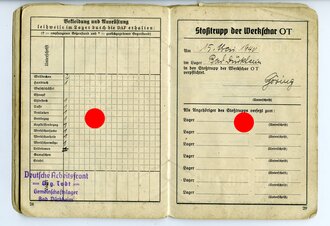 Organisation Todt Dienstbuch eines 1943 in der Normandie eingesetzten Tiefbauarbeiters. Seiten 19-22 fehlen und der Rest löst sich vom Einband