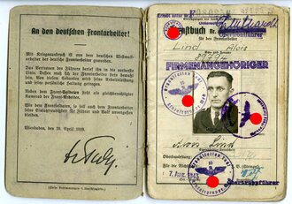 Organisation Todt Dienstbuch eines 1943 in der Normandie eingesetzten Tiefbauarbeiters. Seiten 19-22 fehlen und der Rest löst sich vom Einband