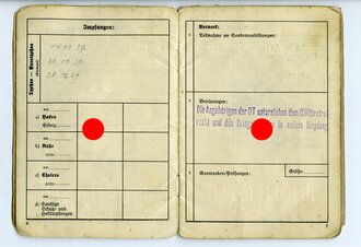 Organisation Todt Dienstbuch eines 1943 in der Normandie eingesetzten Tiefbauarbeiters. Seiten 19-22 fehlen und der Rest löst sich vom Einband