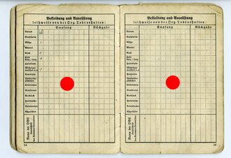 Organisation Todt Dienstbuch eines 1943 in der Normandie eingesetzten Tiefbauarbeiters. Seiten 19-22 fehlen und der Rest löst sich vom Einband