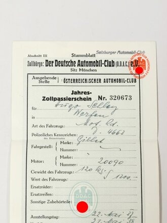 Jahres Zollpassierschein des Deutschen Automobil Club ( DDAC) ausgestellt 1937 für ein Gillet Motorrad