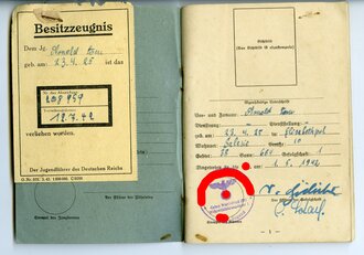 Hitlerjugend Gebiet Wartheland, Beitzzeugnis zum HJ Leistungsabzeichen in Silber, Leistungsbuch und Leistungskarte eines Jungen aus Litzmannstadt