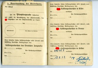 Hitlerjugend Gebiet Wartheland, Beitzzeugnis zum HJ Leistungsabzeichen in Silber, Leistungsbuch und Leistungskarte eines Jungen aus Litzmannstadt