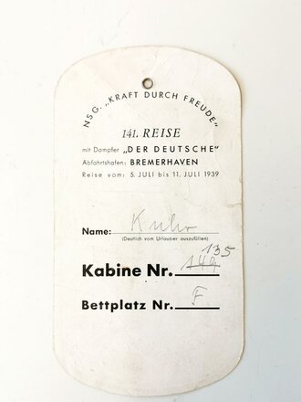 NSG " Kraft durch Freude" 141. Reise mit Dampfer " Der Deutsche" 1939, kleines Konvolut eines Reisenden