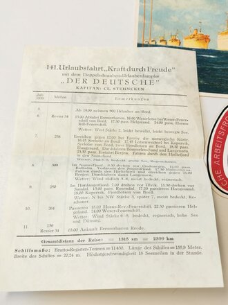 NSG " Kraft durch Freude" 141. Reise mit Dampfer " Der Deutsche" 1939, kleines Konvolut eines Reisenden