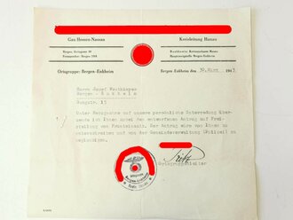 NSDAP Gau Hessen-Nassau Ortsgruppe Bergen-Enkheim, Antrag auf Freistellung vom Fronteinsatz, datiert 1943