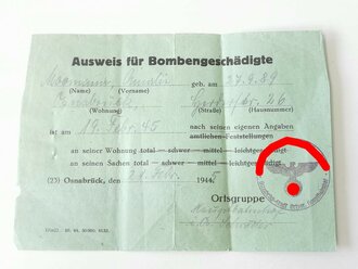 Ausweis für Bombengeschädigte Osnabrück, datiert 1945