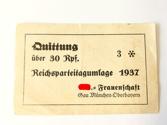 Quittung über 30 Rpf., Reichsparteitagumlage 1937 NS Frauenschaft