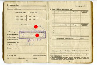Soldbuch Waffen SS, ausgestellt am 7.August 1944 beim SS Pz.Grenadier Ausb. u. Ers. Batl. 1, später 12.SS. Pz. Div. Hitlerjugend, eingetragenes "Nahkampfmesser" und 4 Nahkampftage. Dazu Identy Document vom POW Camp 246 und Entlassungspapiere