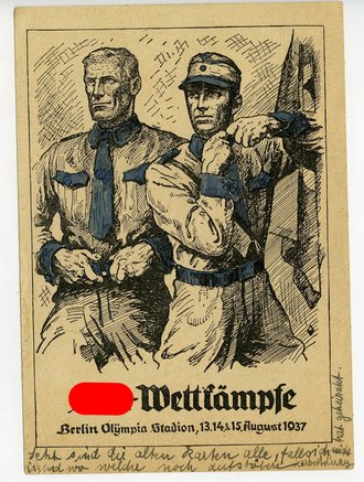 III. Reich - Propaganda-Postkarte " SA-Wettkämpfe Berlin Olympia Stadion 13.14&15.8.1937 "  Bild 6, handcoloriert und gelaufen