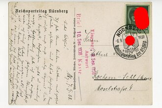 III. Reich - farbige Propaganda-Postkarte  " Reichsparteitag Nürnberg 1938 ", gelaufen