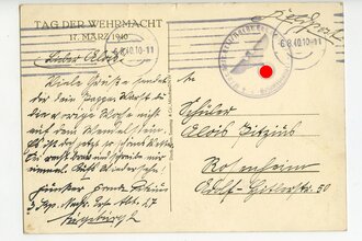 III. Reich - farbige Propaganda-Postkarte  " Tag der Wehrmacht 17.März 1940" gelaufen