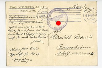 III. Reich - farbige Propaganda-Postkarte  " Tag der Wehrmacht 17.März 1940" gelaufen