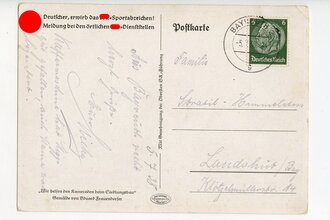 III. Reich - farbige Propaganda-Postkarte  " Deutscher, erwirb das SA-Sportabzeichen - Wir helfen den Kameraden beim Siedlungsbau"