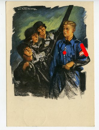 Farbige Propaganda-Postkarte " "Kriegseinsatz der Hitlerjugend - Luftwaffenhelfer"