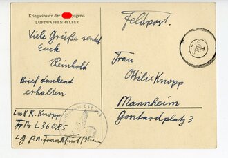 Farbige Propaganda-Postkarte " "Kriegseinsatz der Hitlerjugend - Luftwaffenhelfer"