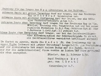 Freikorps Epp, DIN A5 Blatt bzgl." Regelung für das Tragen des Epp-Abzeichens an der Uniform"