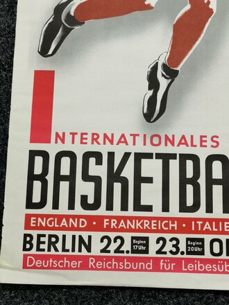Internationales Basketball Turnier Berlin Oktober 1938, Plakat in gutem Zustand, Maße 61 x 88cm